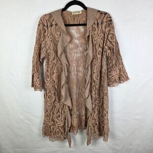 Lady Noiz Tan Floral Lace Ruffle Open Front Cardigan Boho Sheer Wrap Tan Brown M